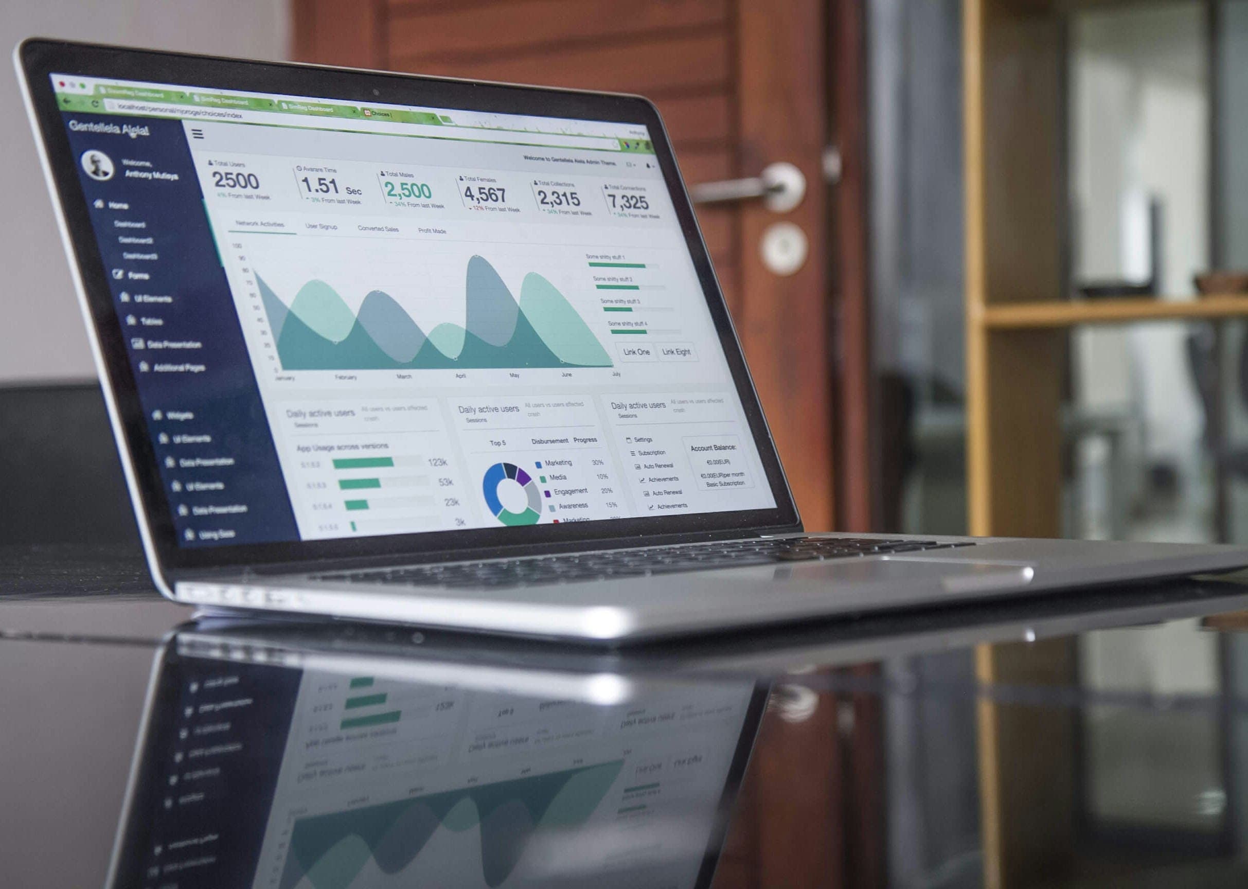 Laptop με ψηφιακό dashboard στατιστικών, σύμβολο ηλεκτρονικής υποβολής myDATA